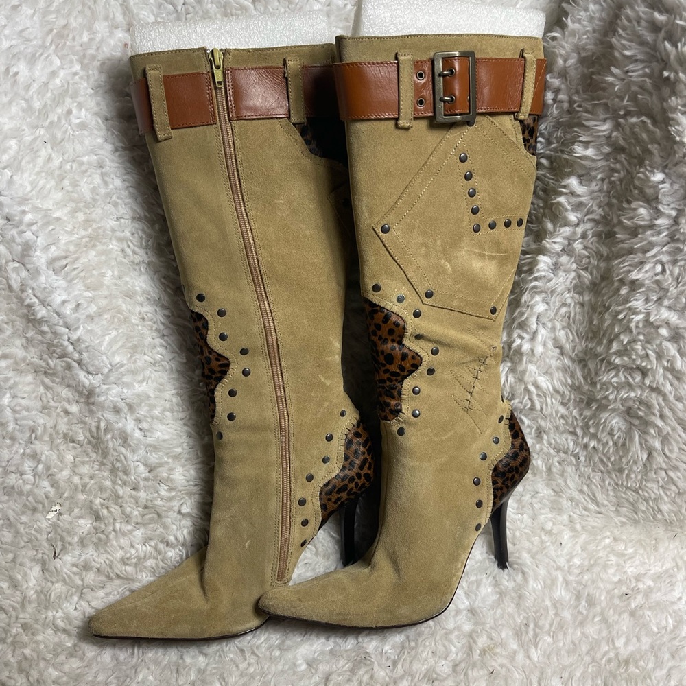 Dollhouse Leather suede Khaki &calf hair leopard print knee high boots  SZ9